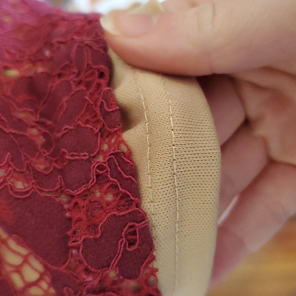 She and Sky burgandy and Tan lace cold shoulder dress. - Picture 4 of 6